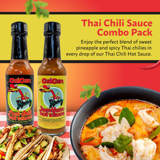 GaiGan - Tom Yum Hot Sauce / Soup Mix & Pineapple Thai Chili Hot Sauce Combo Set, Low-Calorie All-Natural Vegan Condiments, Gluten Free, Low Sodium No Preservatives, (150 mL ea)