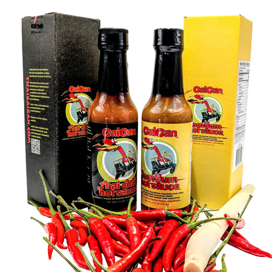 GaiGan - Tom Yum Hot Sauce / Soup Mix & Pineapple Thai Chili Hot Sauce Combo Set, Low-Calorie All-Natural Vegan Condiments, Gluten Free, Low Sodium No Preservatives, (150 mL ea)